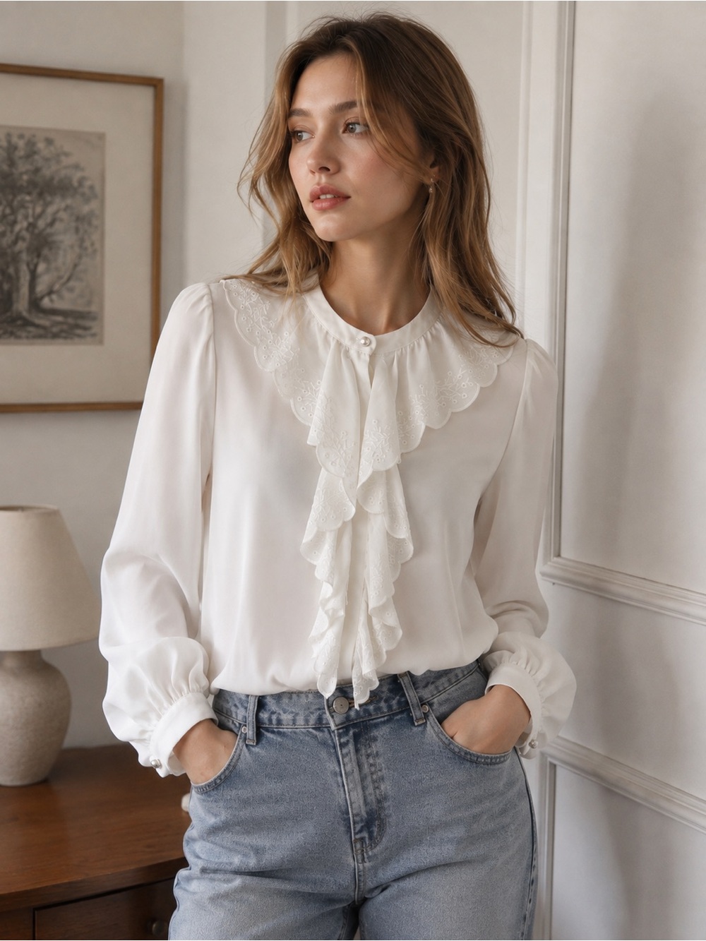 Zara Cottagecore White Ruffle Front Long-Sleeve Blouse Size S